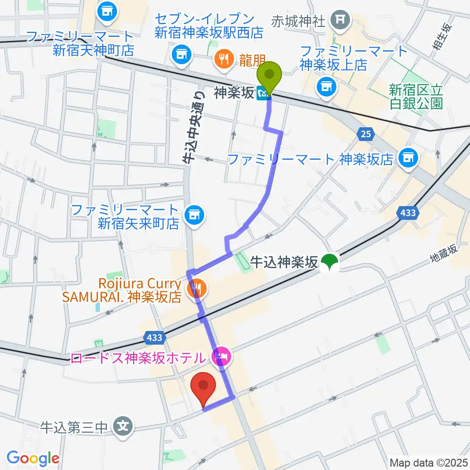 神楽坂駅からミュージックスタジオユニバースへのルートマップ地図