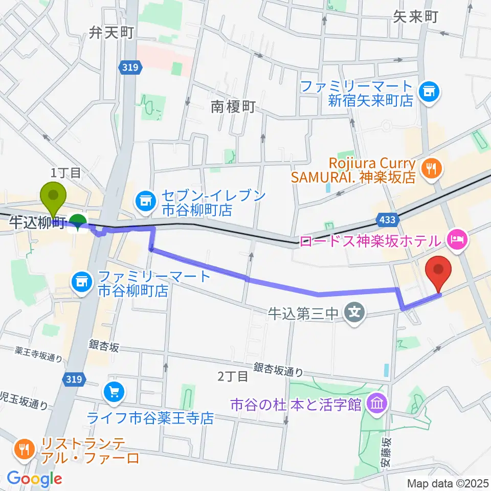 牛込柳町駅からミュージックスタジオユニバースへのルートマップ地図