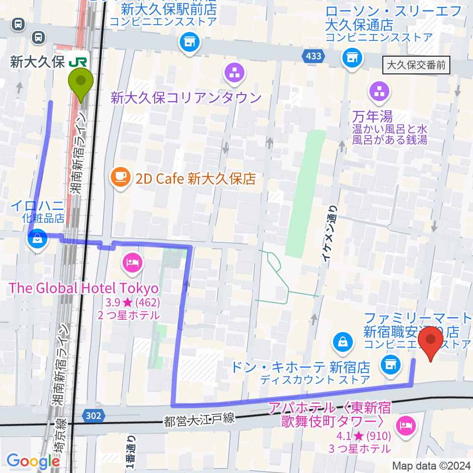 新大久保駅から代アニLIVEステーションへのルートマップ地図