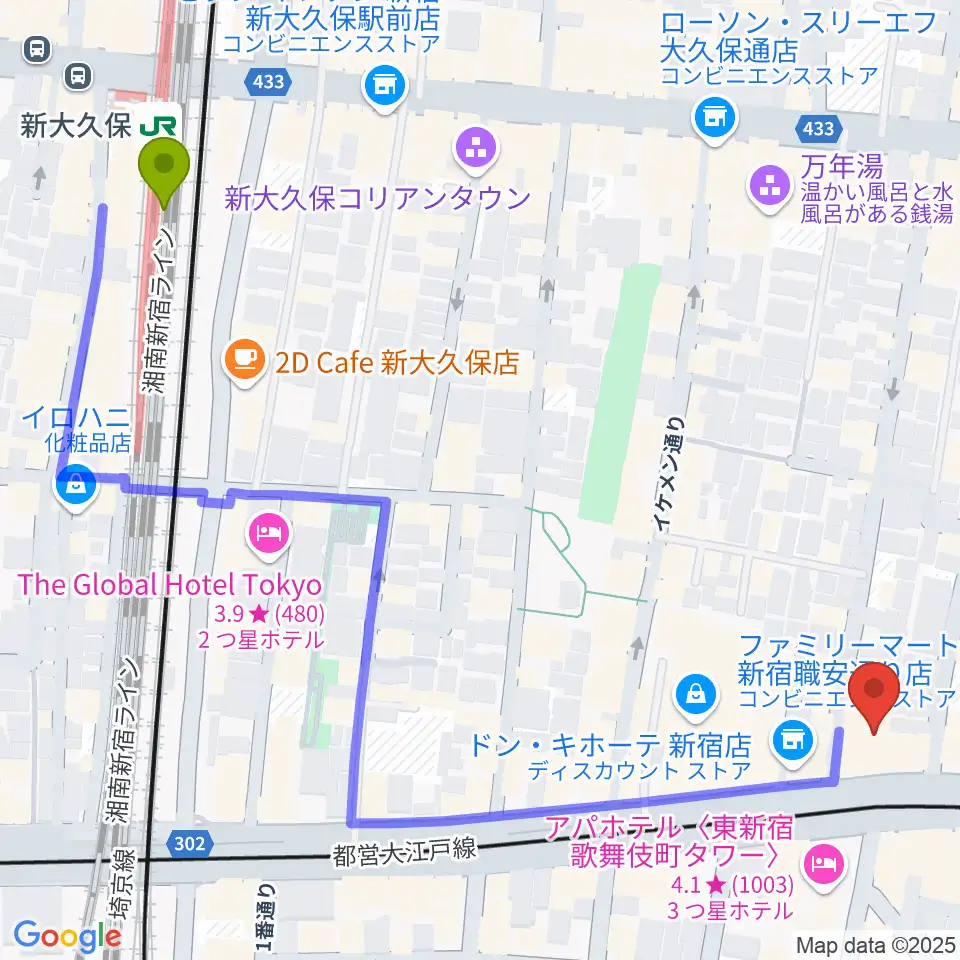 新大久保駅から代アニLIVEステーションへのルートマップ地図