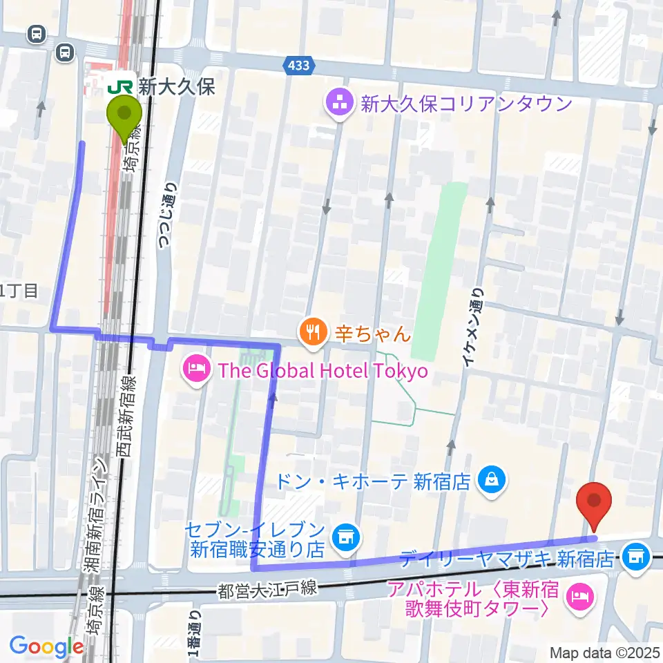 新大久保駅から代アニLIVEステーションへのルートマップ地図