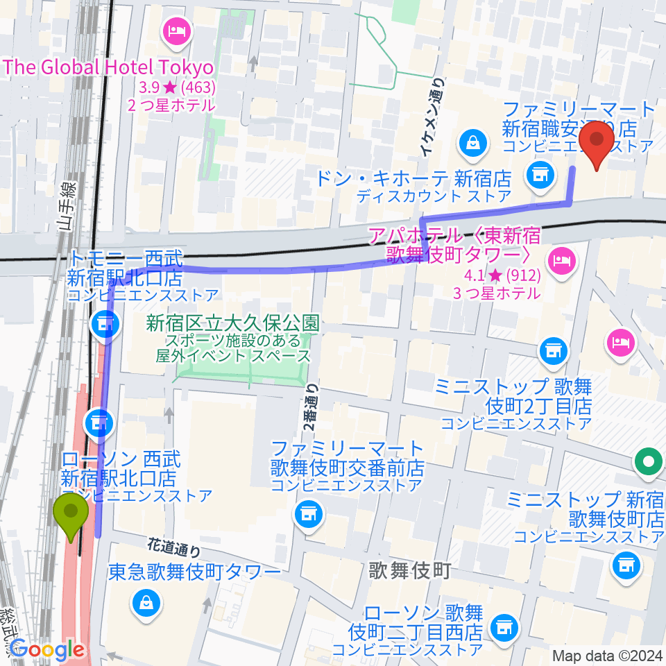 西武新宿駅から代アニLIVEステーションへのルートマップ地図