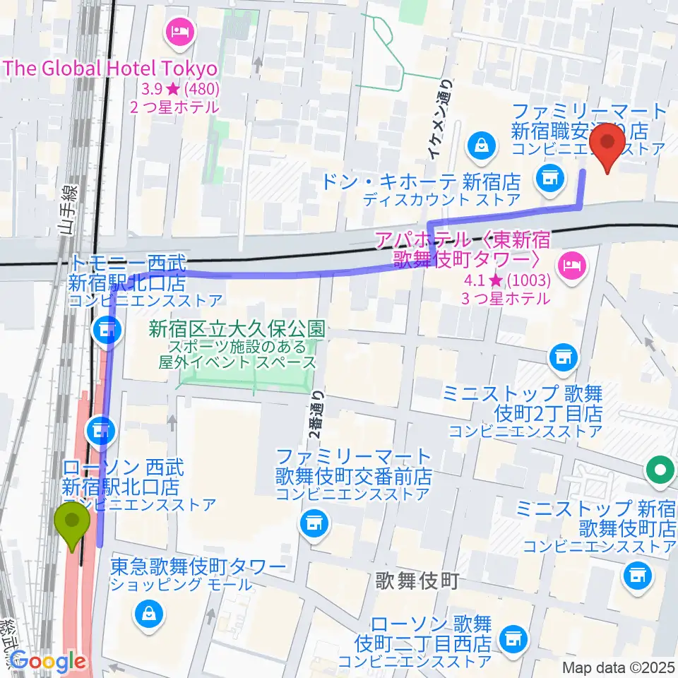 西武新宿駅から代アニLIVEステーションへのルートマップ地図