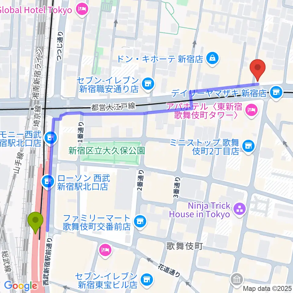 西武新宿駅から代アニLIVEステーションへのルートマップ地図