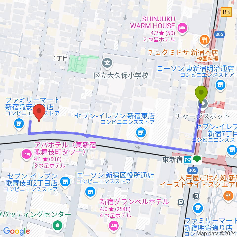 代アニLIVEステーションの最寄駅東新宿駅からの徒歩ルート（約5分）地図