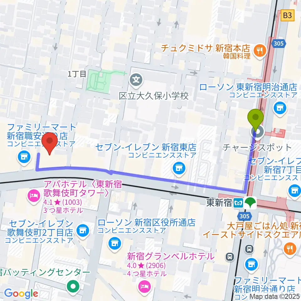 代アニLIVEステーションの最寄駅東新宿駅からの徒歩ルート（約5分）地図