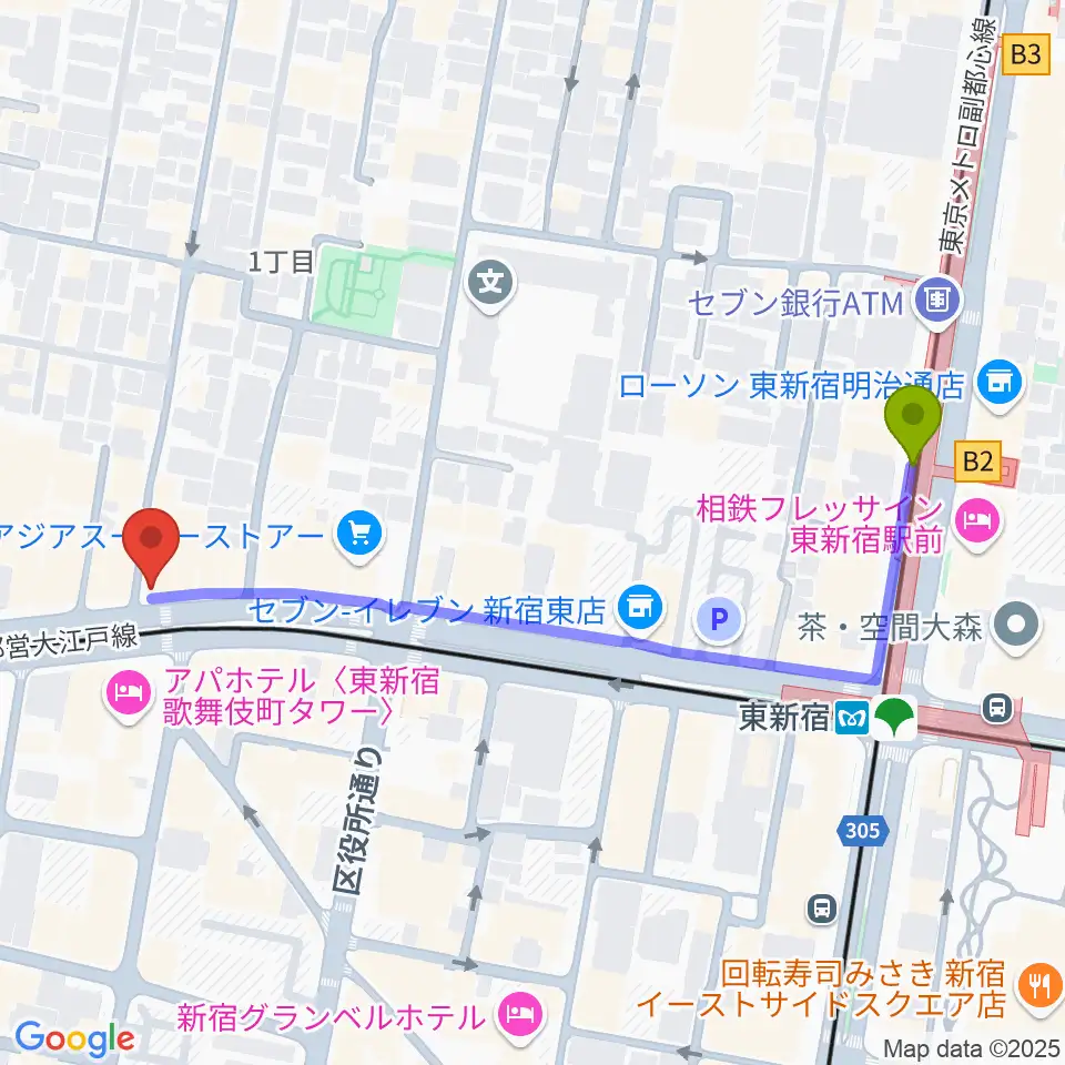 代アニLIVEステーションの最寄駅東新宿駅からの徒歩ルート（約6分）地図
