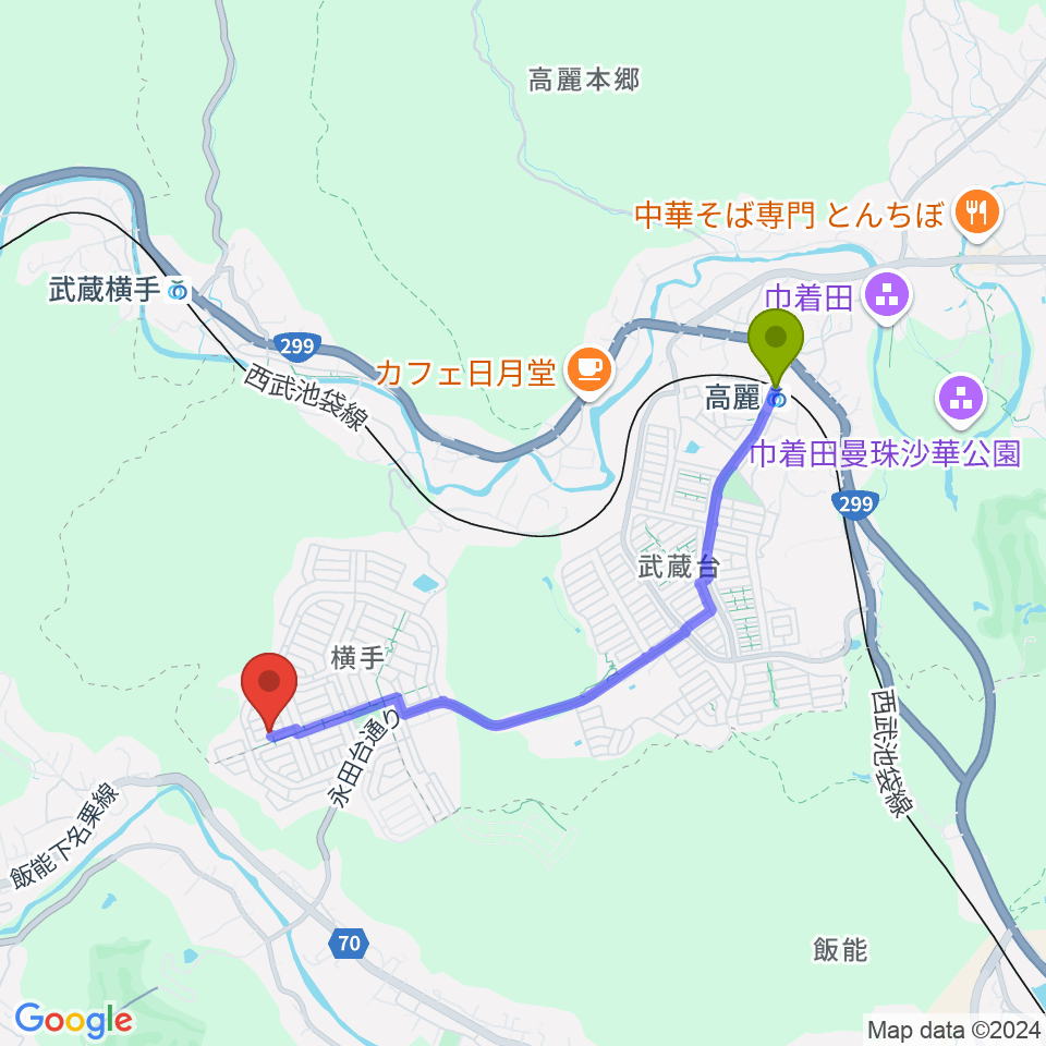 高麗駅から音楽教室ムジークハウス 日高教室へのルートマップ地図