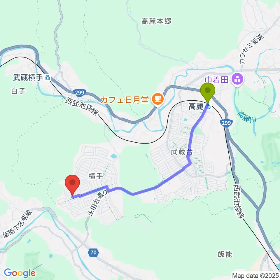 高麗駅から音楽教室ムジークハウス 日高教室へのルートマップ地図