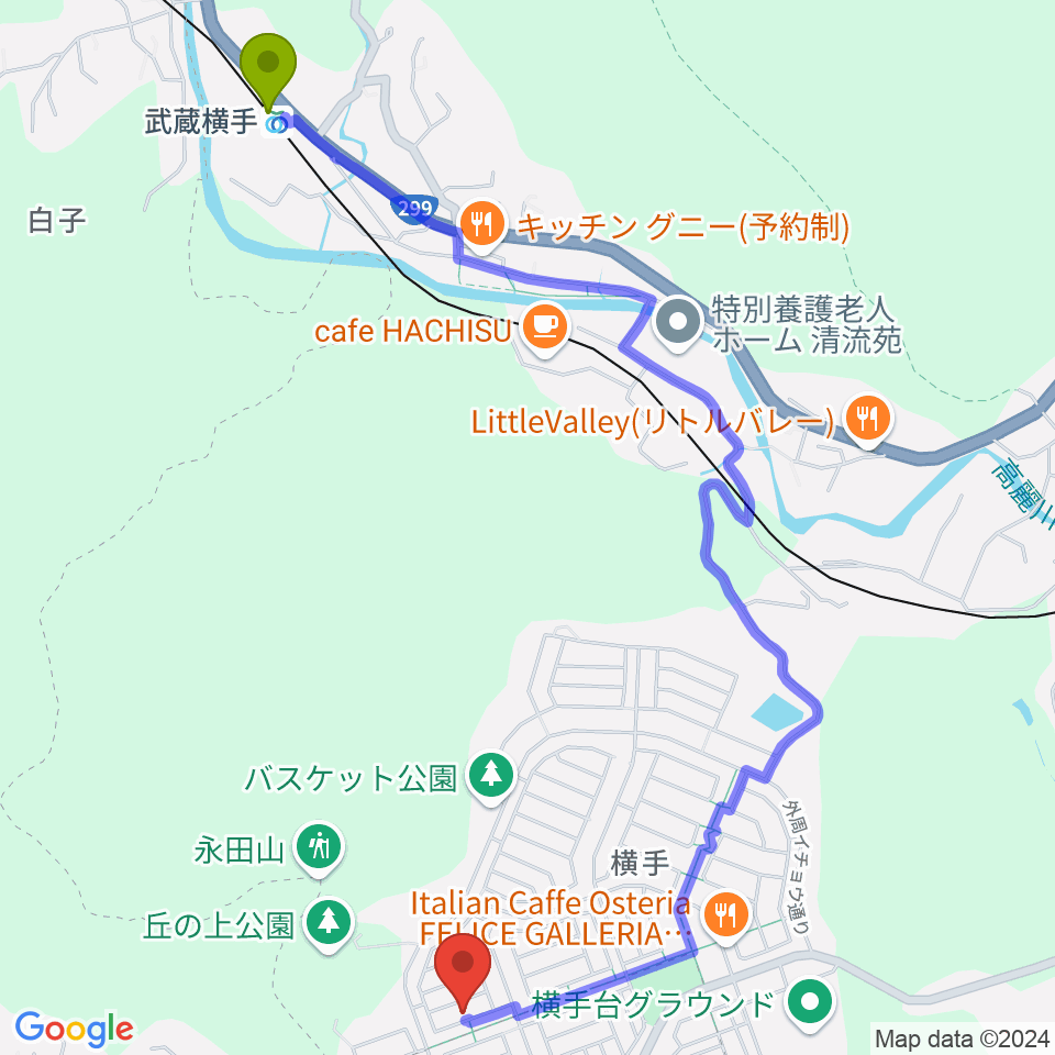 音楽教室ムジークハウス 日高教室の最寄駅武蔵横手駅からの徒歩ルート（約27分）地図