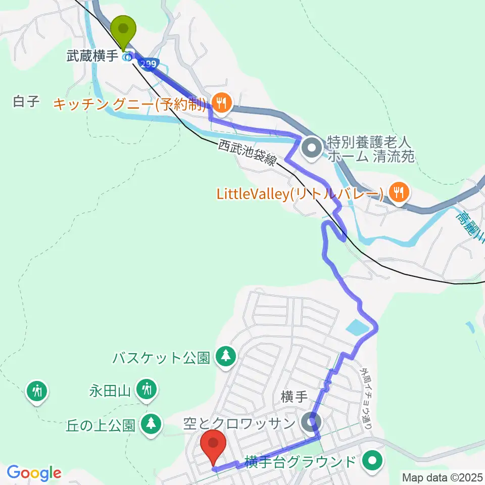 音楽教室ムジークハウス 日高教室の最寄駅武蔵横手駅からの徒歩ルート（約27分）地図