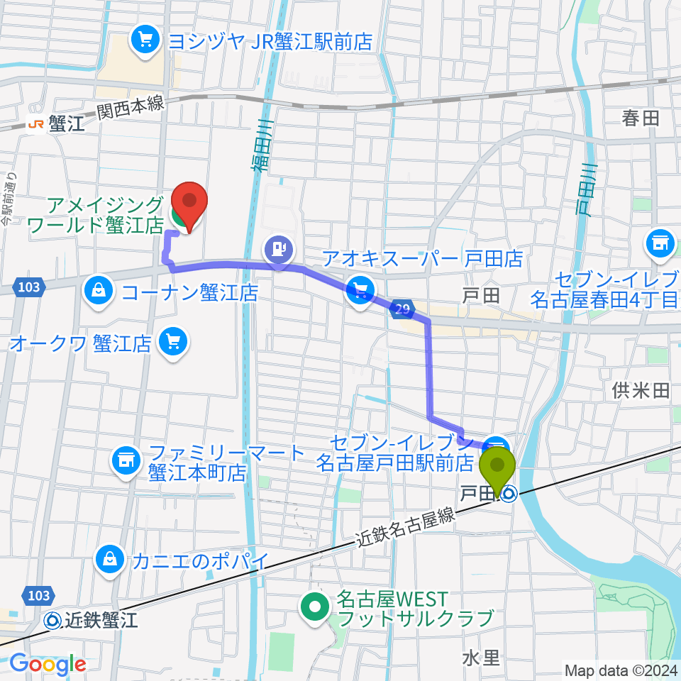 戸田駅からミュージックサロン蟹江 ピアノショップへのルートマップ地図