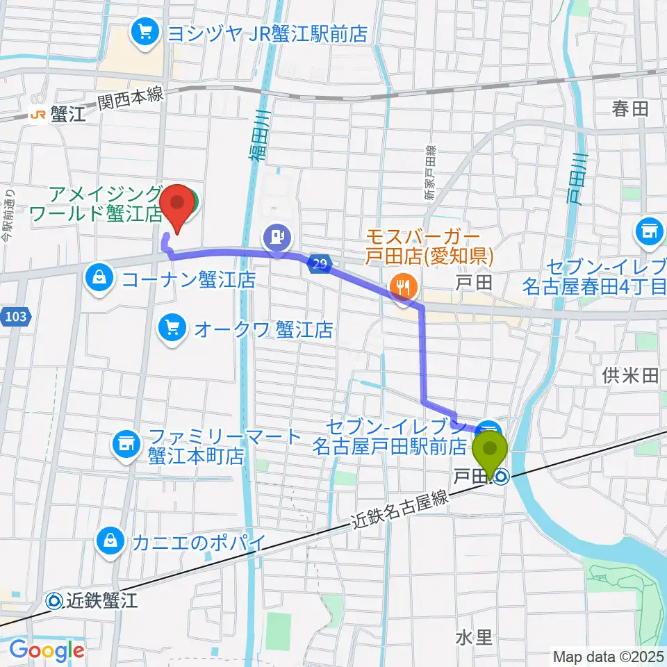 戸田駅から矢木楽器店 ミュージックサロン蟹江へのルートマップ地図