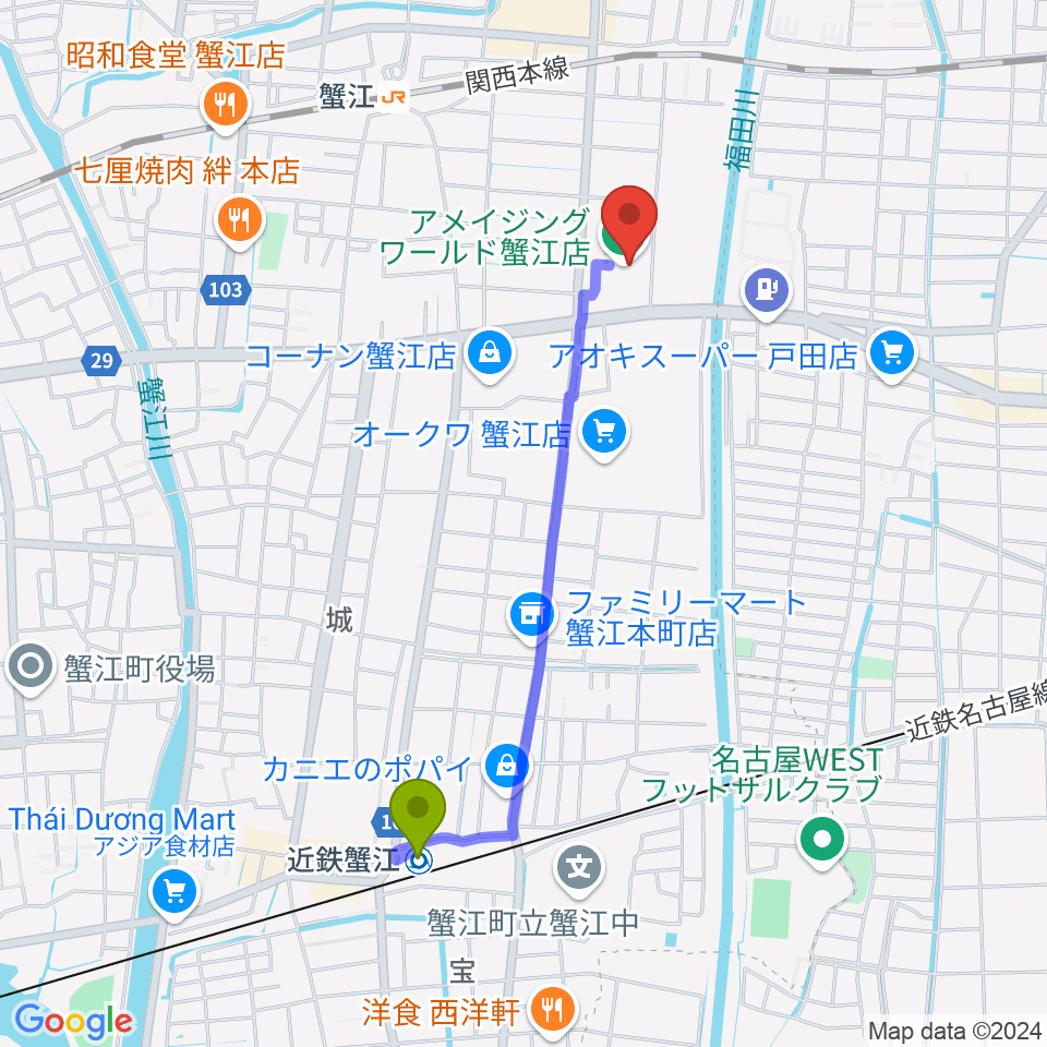 近鉄蟹江駅からミュージックサロン蟹江 ピアノショップへのルートマップ地図