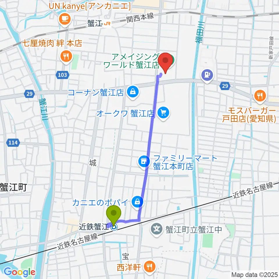 近鉄蟹江駅から矢木楽器店 ミュージックサロン蟹江へのルートマップ地図