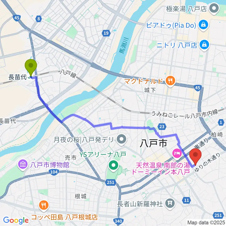 長苗代駅から八戸ロックスへのルートマップ地図