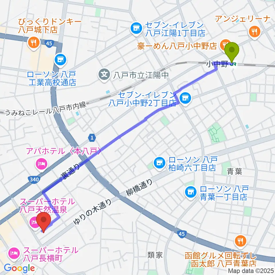 小中野駅から八戸ロックスへのルートマップ地図