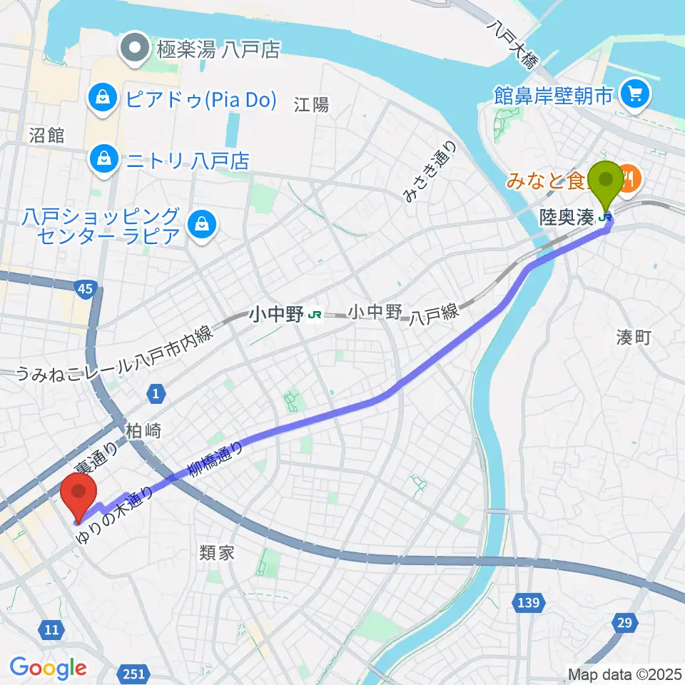 陸奥湊駅から八戸ロックスへのルートマップ地図