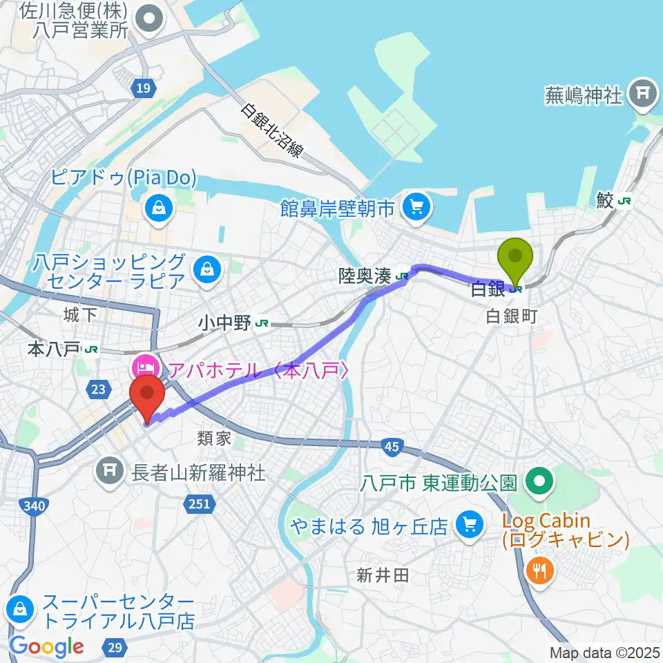 白銀駅から八戸ロックスへのルートマップ地図