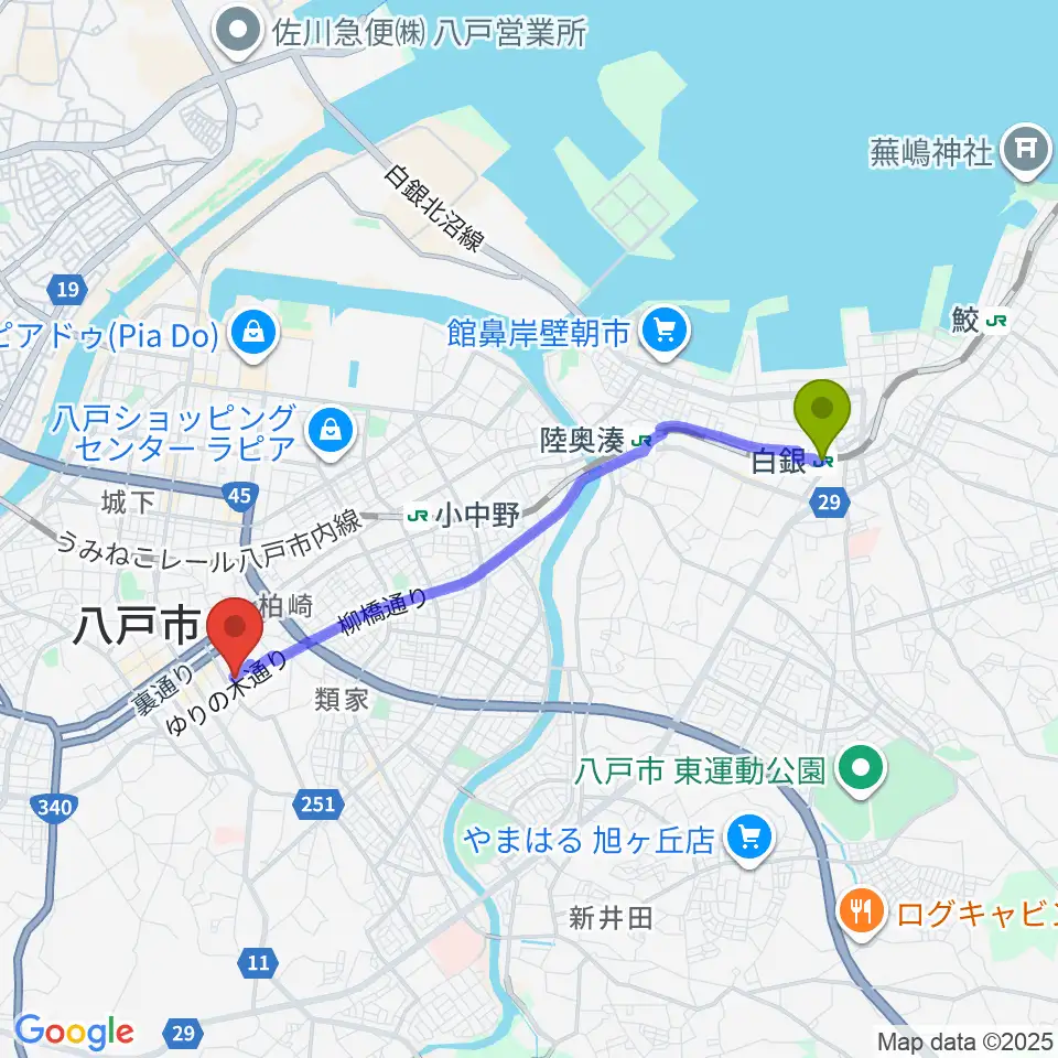 白銀駅から八戸ロックスへのルートマップ地図