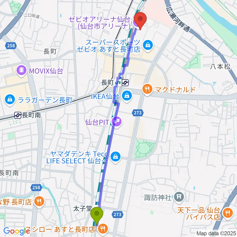 太子堂駅からゼビオアリーナ仙台へのルートマップ地図