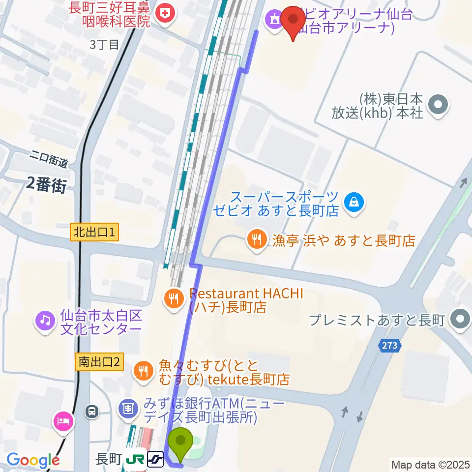 長町駅からゼビオアリーナ仙台へのルートマップ地図