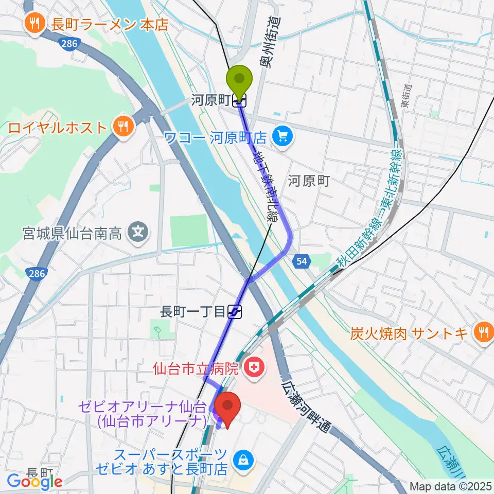 河原町駅からゼビオアリーナ仙台へのルートマップ地図