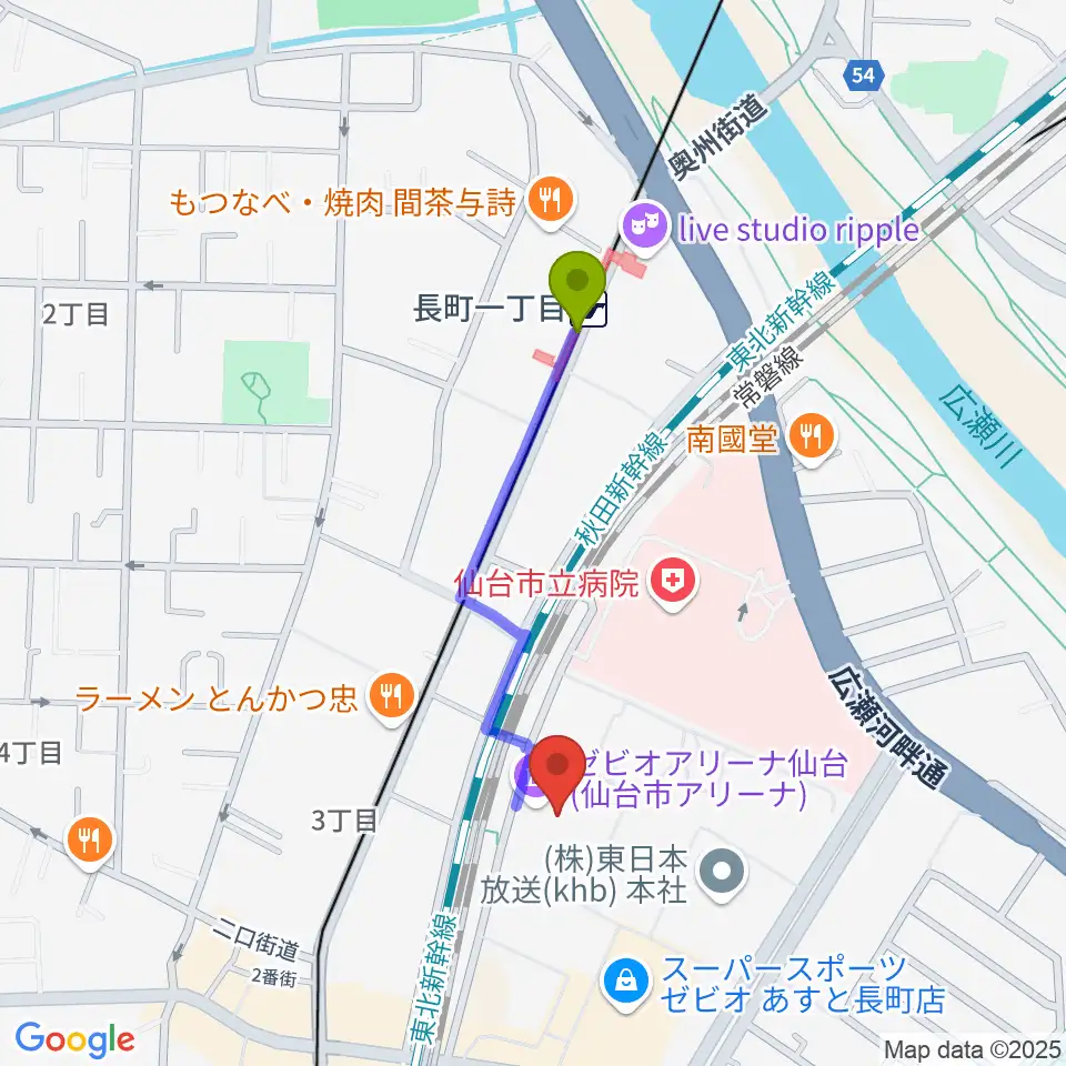 ゼビオアリーナ仙台の最寄駅長町一丁目駅からの徒歩ルート（約7分）地図