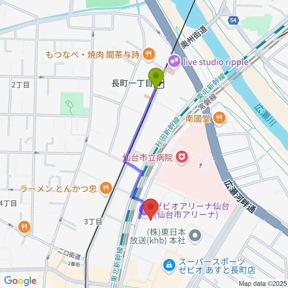 ゼビオアリーナ仙台の最寄駅長町一丁目駅からの徒歩ルート（約7分）地図