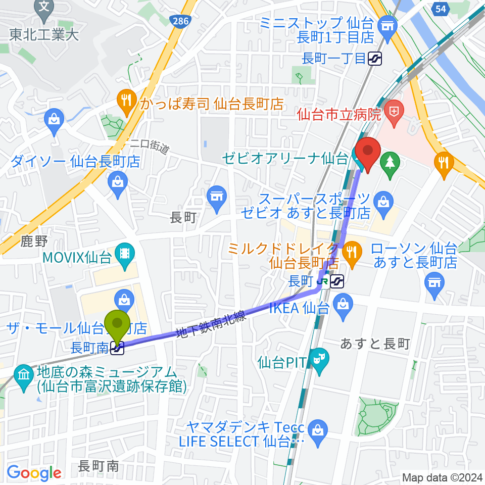 長町南駅からゼビオアリーナ仙台へのルートマップ地図
