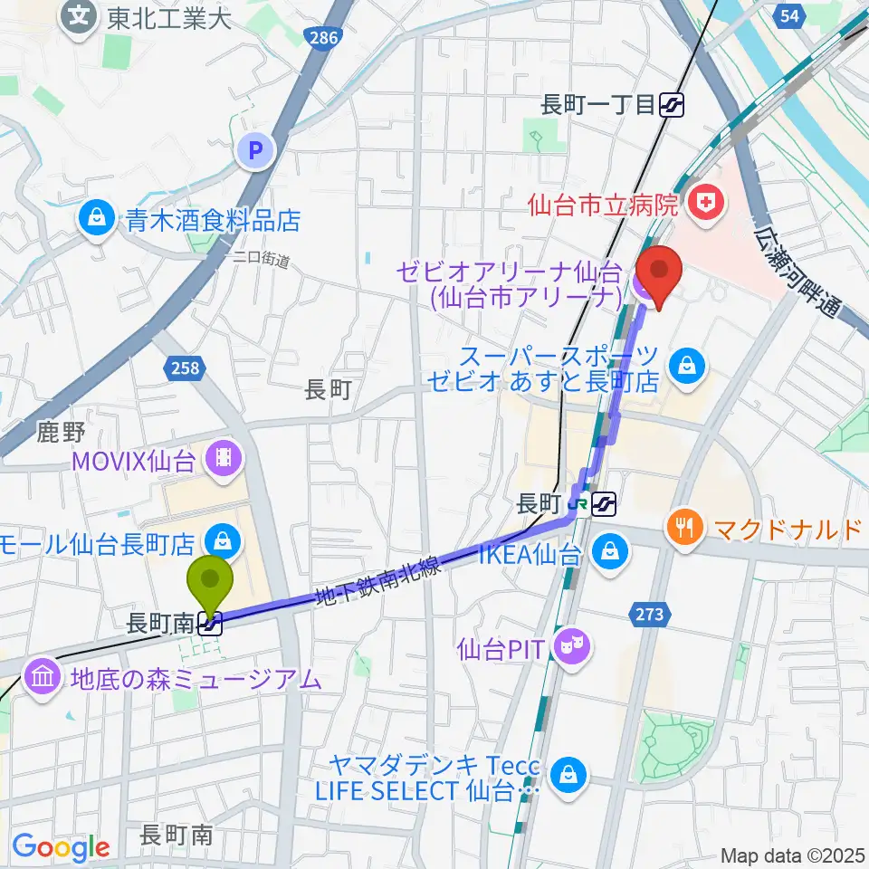 長町南駅からゼビオアリーナ仙台へのルートマップ地図