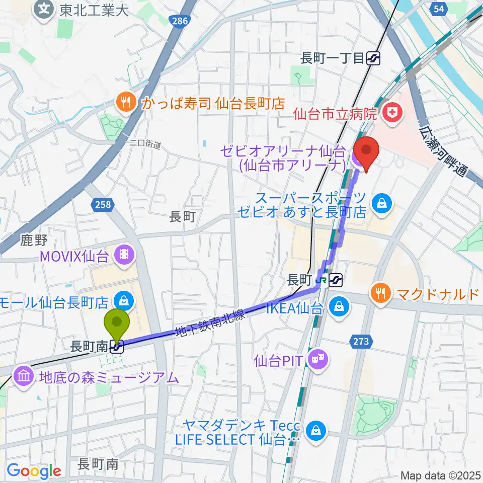 長町南駅からゼビオアリーナ仙台へのルートマップ地図