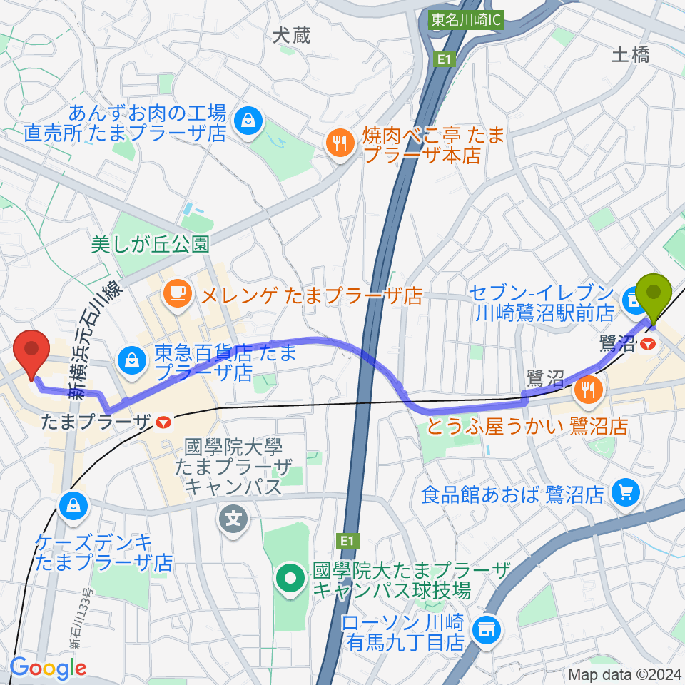 鷺沼駅から岡村考二フルート教室へのルートマップ地図