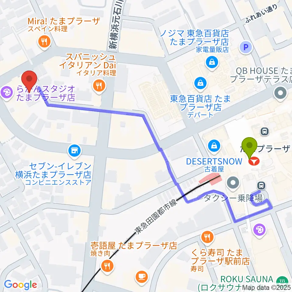 岡村考二フルート教室の最寄駅たまプラーザ駅からの徒歩ルート（約6分）地図