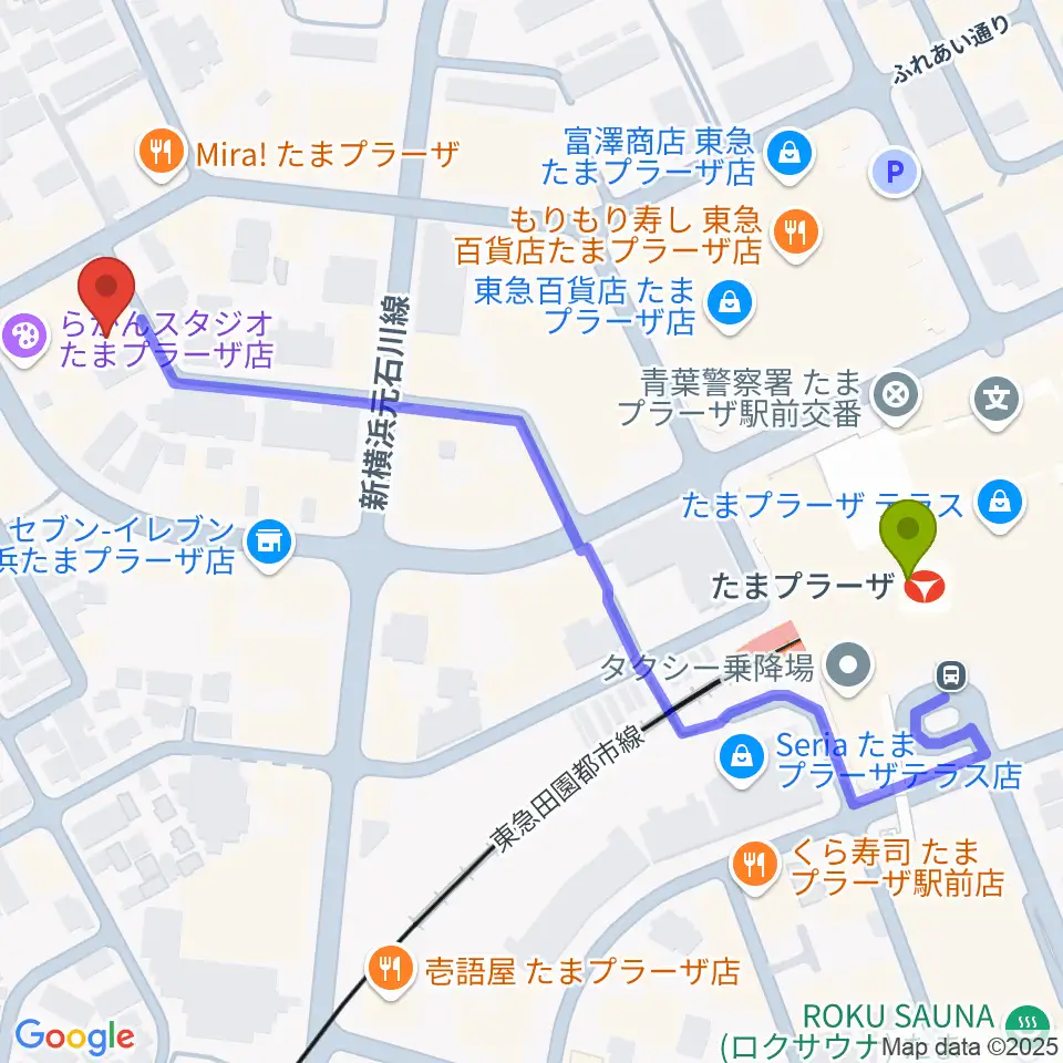 岡村考二フルート教室の最寄駅たまプラーザ駅からの徒歩ルート（約6分）地図