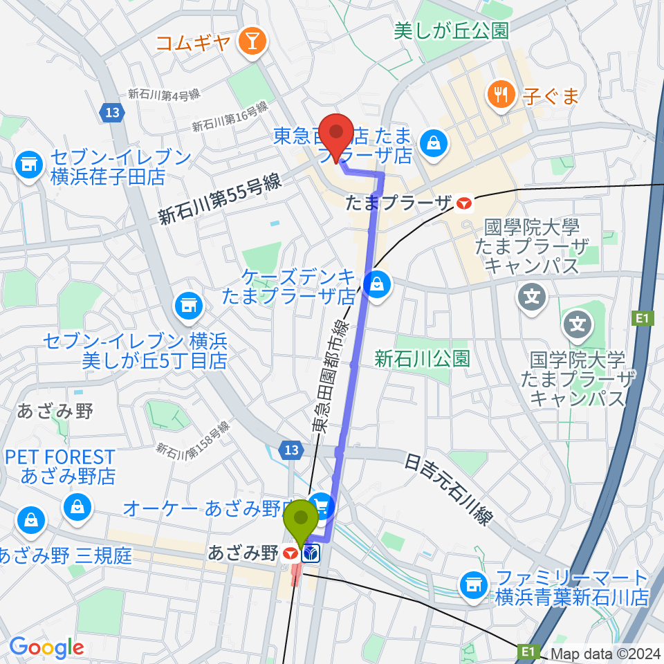 あざみ野駅から岡村考二フルート教室へのルートマップ地図