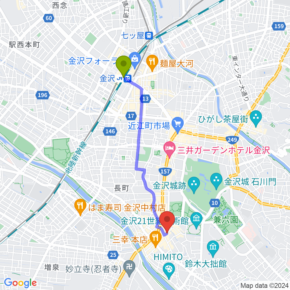金沢駅から金沢gateBlackへのルートマップ地図