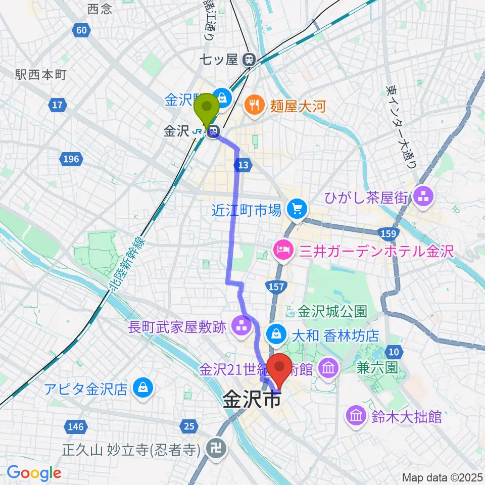 金沢駅から金沢gateBlackへのルートマップ地図