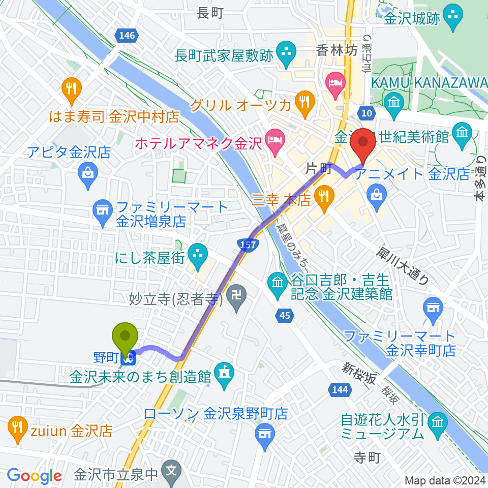 金沢gateBlackの最寄駅野町駅からの徒歩ルート（約19分）地図