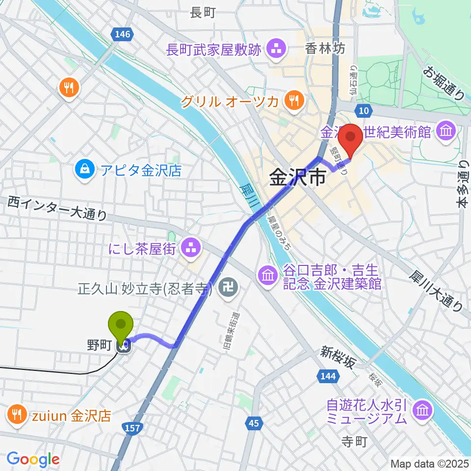 金沢gateBlackの最寄駅野町駅からの徒歩ルート（約19分）地図