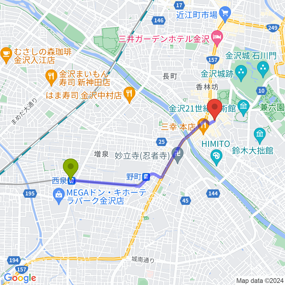 西泉駅から金沢gateBlackへのルートマップ地図