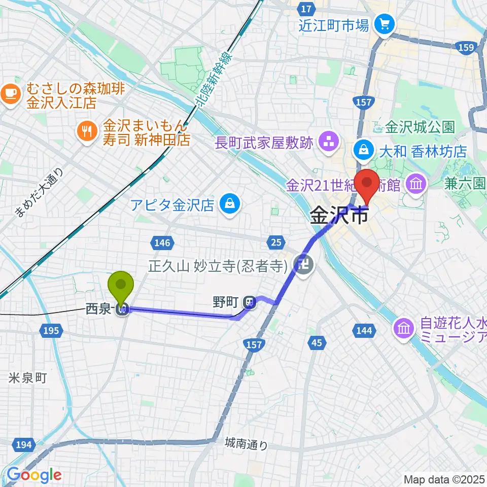 西泉駅から金沢gateBlackへのルートマップ地図