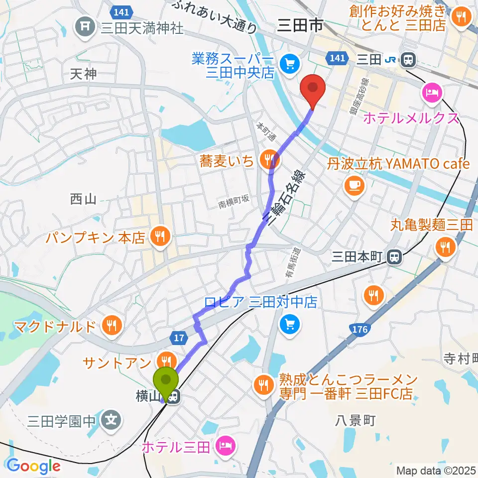 横山駅から平瀬楽器へのルートマップ地図