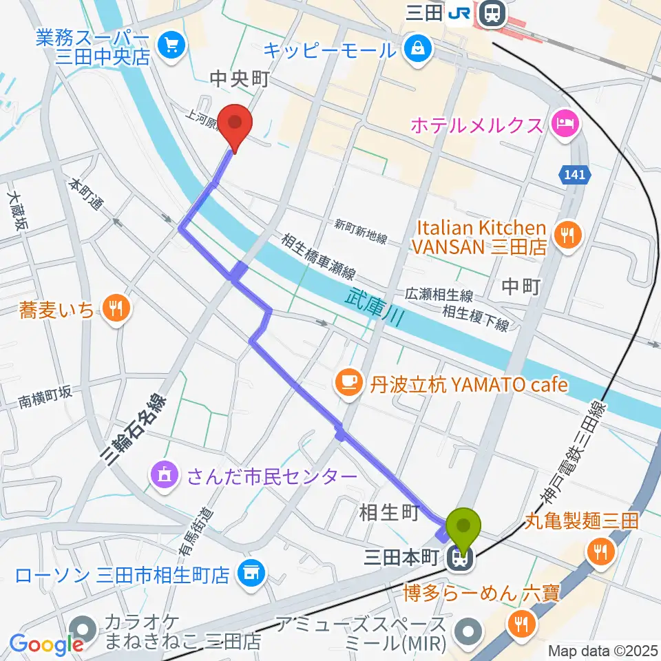 三田本町駅から平瀬楽器へのルートマップ地図