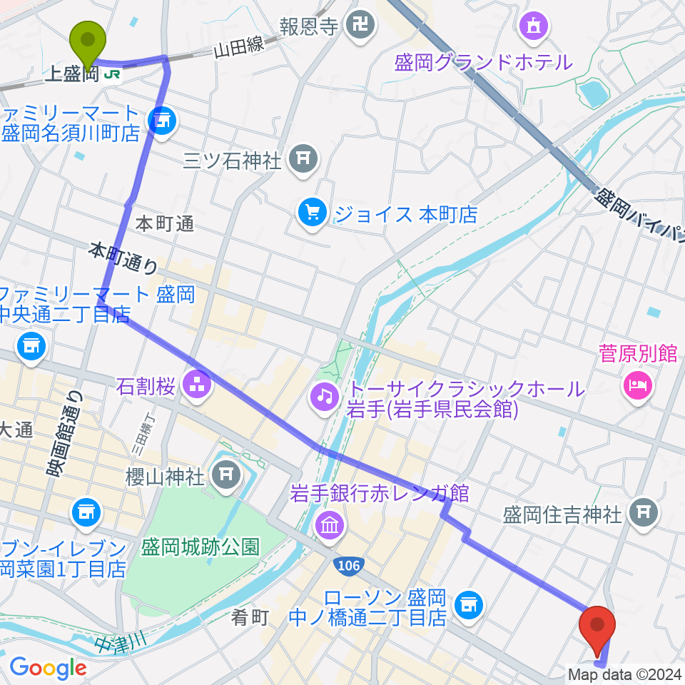 上盛岡駅から盛岡クラブチェンジへのルートマップ地図