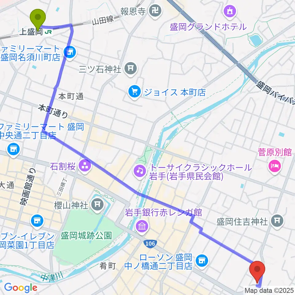 上盛岡駅から盛岡クラブチェンジへのルートマップ地図