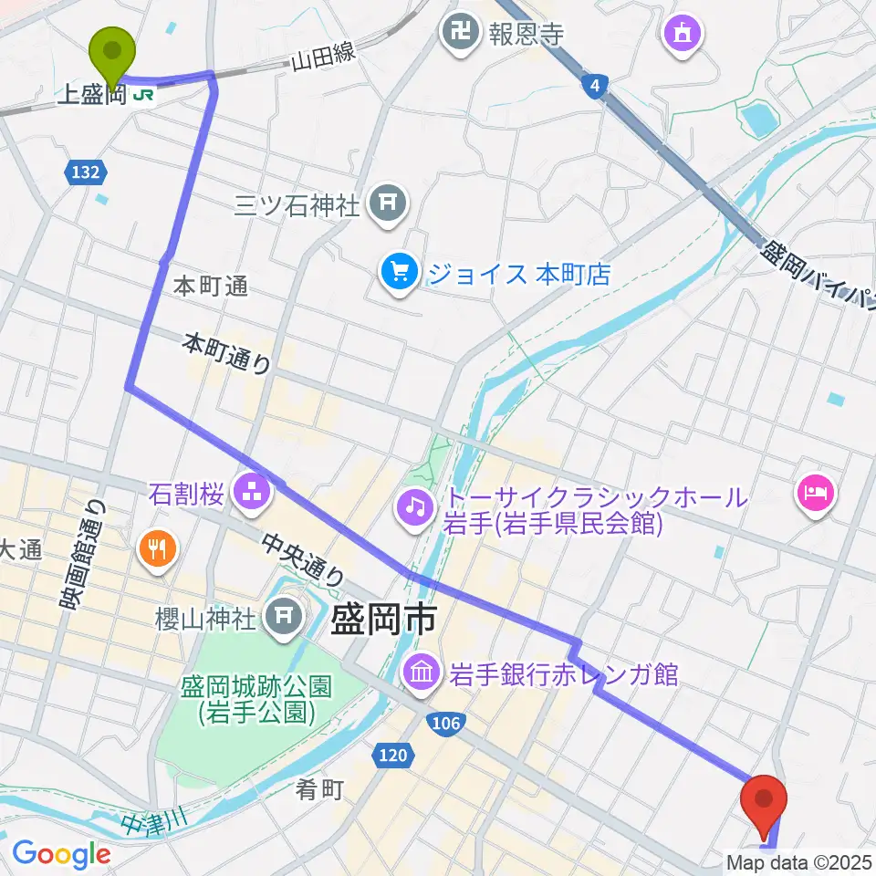 上盛岡駅から盛岡クラブチェンジへのルートマップ地図