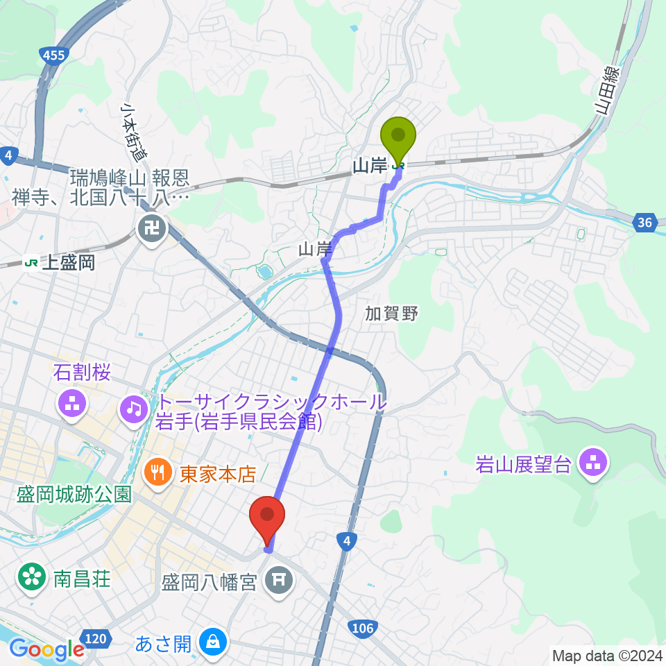 山岸駅から盛岡クラブチェンジへのルートマップ地図