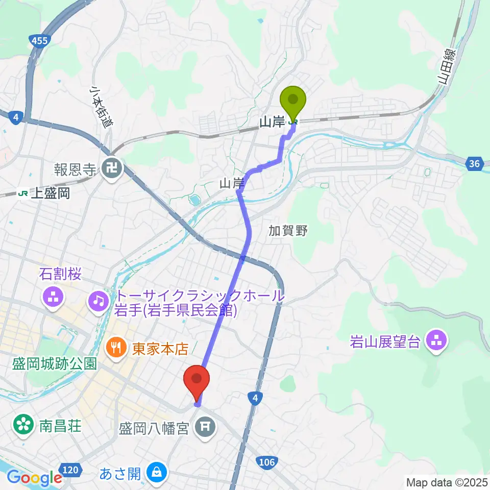 山岸駅から盛岡クラブチェンジへのルートマップ地図