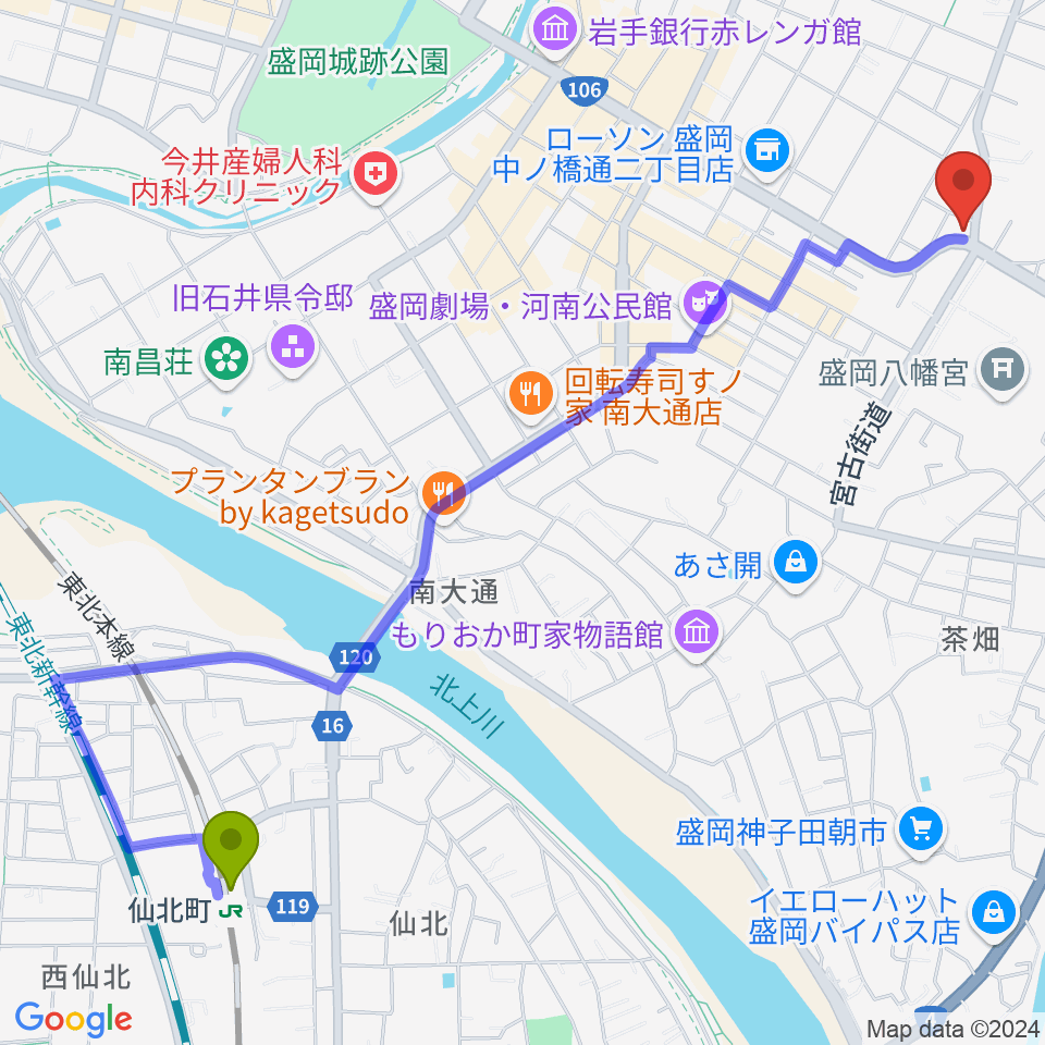 盛岡クラブチェンジの最寄駅仙北町駅からの徒歩ルート（約28分）地図